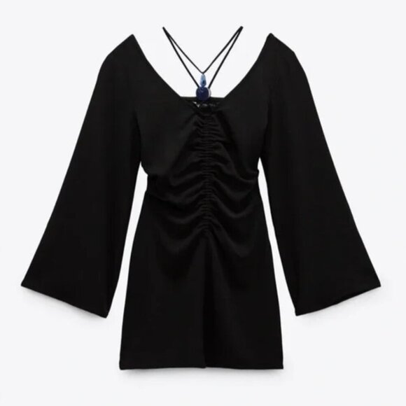 Zara Gothic Black Stone Accent Bell Sleeve Flare Mini Dress Size Small - Picture 4 of 10